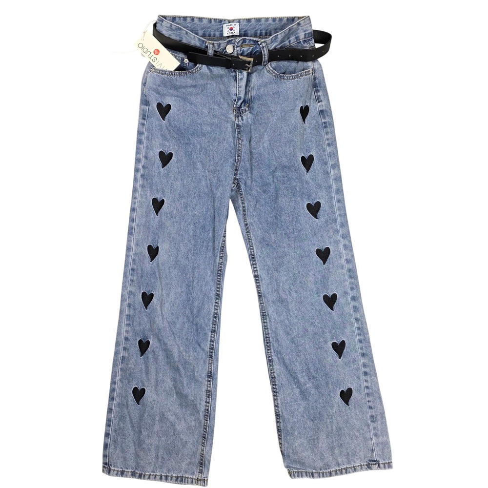 Light Wash Denim High Waist Wide Leg Baggy Heart Stitched Pattern Womens Size M